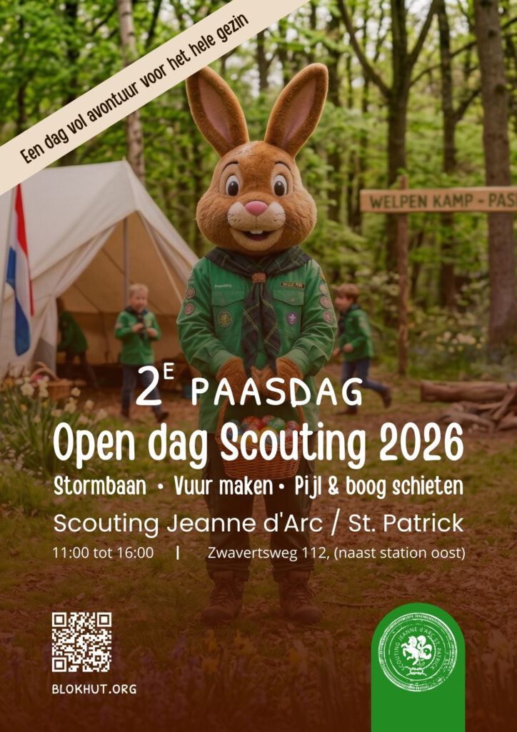 Open dag Scouting Jeanne d'Arc St. Patrick Hengelo op 2e Paasdag 2026, Zwavertsweg 112, van 11:00 tot 16:00 uur, met activiteiten zoals stormbaan, vuur maken en pijl en boog schieten.